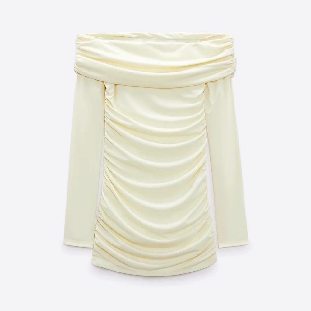 ZARA Long Sleeve Off The Shoulder Ruched Mini Dress